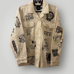 NWT Volcom Fortifem Jacket Mens M White Denim Sketch Print Reaper Punk Skater